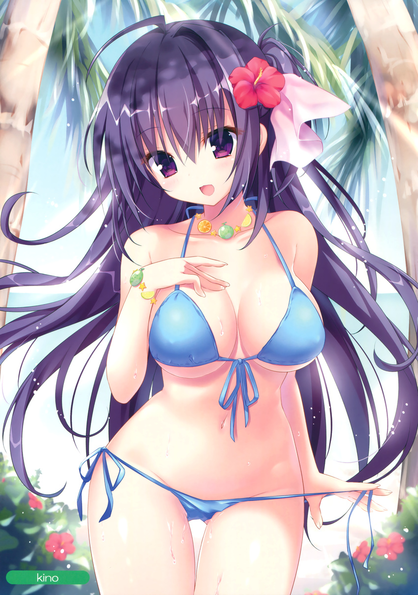 :3 :d absurdres ahoge beach bikini bikini_pull blue_bikini bracelet breasts cleavage day fingernails flower front-tie_top hair_flower hair_ornament hand_on_own_chest hibiscus highres jewelry kino_(kino_konomi) large_breasts long_fingernails long_hair melonbooks navel necklace one_side_up open_mouth outdoors purple_eyes purple_hair side-tie_bikini smile solo swimsuit thigh_gap untied untied_bikini wet