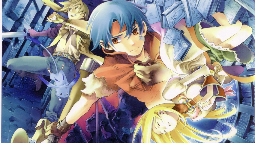 2boys ahoge angry bandages belt blonde_hair blue_hair book brown_eyes brown_hair cecilia_lynne_adelhyde closed_eyes coat creature denim dress gloves gun hanpan headband highres jack_van_burace jeans jewelry long_hair multiple_boys official_art ooba_wakako pants ponytail red_eyes red_vest rody_roughnight ruins running sad scan shirt short_hair silhouette sword tail upside-down vest weapon wild_arms wild_arms_1