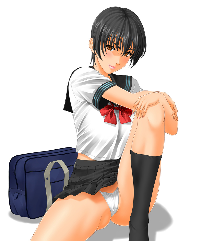 bad_id bad_pixiv_id black_hair blush brown_eyes highres looking_at_viewer muryuuin_tayun original panties pantyshot school_uniform serafuku short_hair smile solo underwear