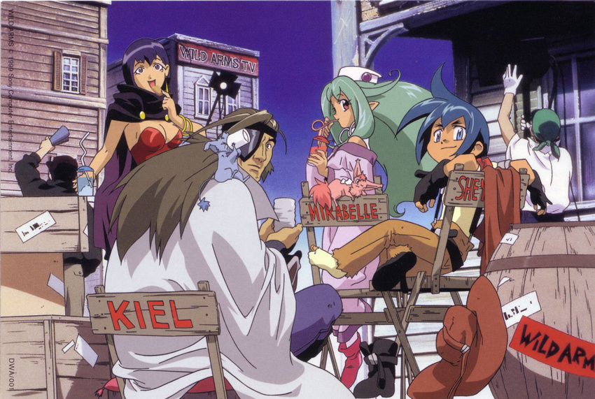 2girls :d barrel blue_eyes blue_hair blue_sky breasts brown_hair building chair character_name cleavage cowboy_hat dark_skin dress drink drinking drinking_straw eating floating_hair green_hair hat head_scarf highres house issac_(wild_arms) jerusha_(wild_arms) kiel_arronax long_hair looking_at_viewer looking_back loretta_oratorio medium_breasts mirabelle_graceland monster multiple_boys multiple_girls on_shoulder open_mouth outdoors purple_eyes purple_hair scarf sheyenne_rainstorm short_hair sitting sky smile strapless strapless_dress very_long_hair western wild_arms wild_arms_twilight_venom wind