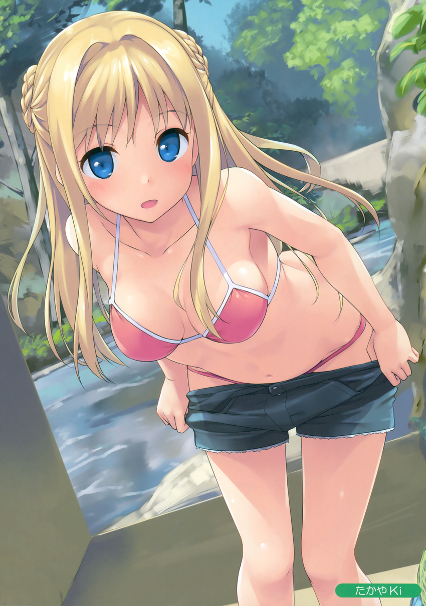 :o absurdres artist_name bent_over bikini blonde_hair blue_eyes braid braided_bun breasts collarbone cutoffs day denim denim_shorts double_bun dutch_angle french_braid hair_intakes halter_top halterneck highres leaning_forward long_hair looking_at_viewer medium_breasts melonbooks navel outdoors pink_bikini pulled_by_self river scan short_shorts shorts shorts_pull sidelocks smile solo stomach swimsuit takayaki undressing