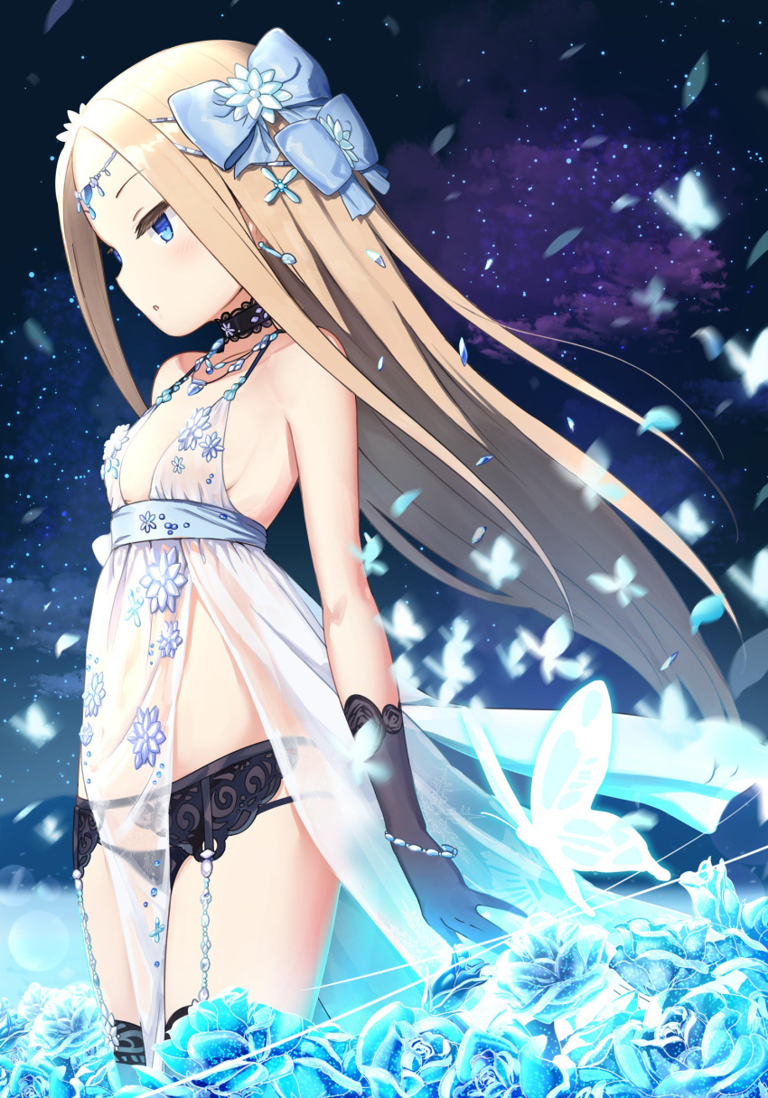 abigail_williams_(fate/grand_order) artoria_pendragon_(all) artoria_pendragon_(lancer_alter) artoria_pendragon_(lancer_alter)_(cosplay) bangs bell_(oppore_coppore) black_gloves black_legwear black_panties blue_eyes blurry blush bow breasts bug butterfly chemise choker circlet cosplay covered_navel depth_of_field flower garter_belt gloves hair_bow highres insect jewelry light_brown_hair lingerie long_hair looking_away necklace panties parted_bangs parted_lips pelvic_curtain royal_icing see-through small_breasts string_panties thighhighs underwear underwear_only very_long_hair wind wind_lift