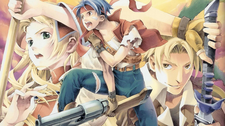 2boys angry bandages belt blonde_hair blue_hair boots brown_eyes cecilia_lynne_adelhyde coat cowboy_boots denim gloves green_eyes gun headband highres jack_van_burace jeans jewelry kneeling long_hair multiple_boys official_art ooba_wakako open_mouth pants red_vest rody_roughnight scan scan_artifacts short_hair smile sword vest wand weapon wild_arms wild_arms_1