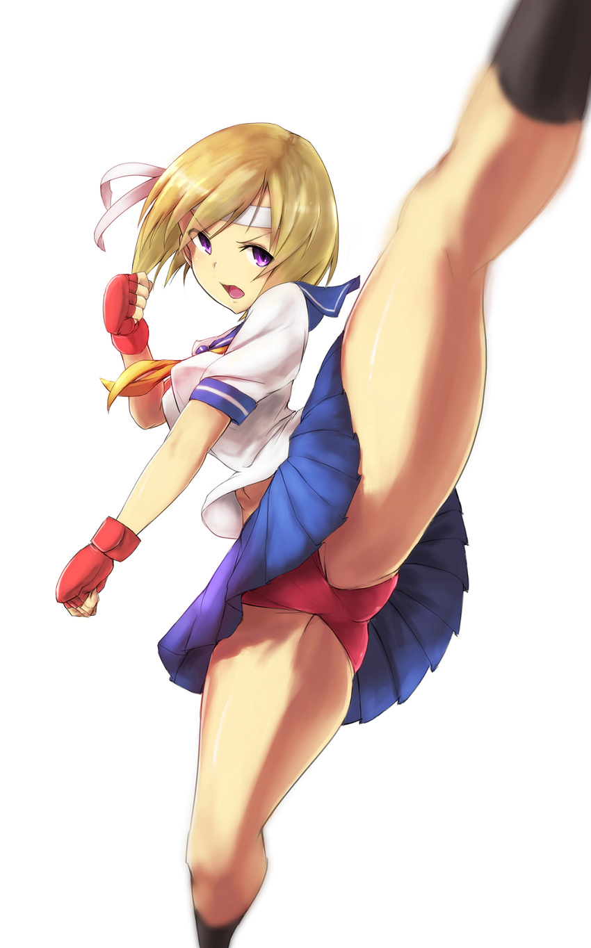 blonde_hair blue_sailor_collar blue_skirt cosplay djeeta_(granblue_fantasy) fingerless_gloves gloves granblue_fantasy headband highres kasugano_sakura kasugano_sakura_(cosplay) panties purple_eyes red_gloves red_panties sailor_collar school_uniform short_hair simple_background skirt solo street_fighter tsukira_(amayadori) underwear white_background