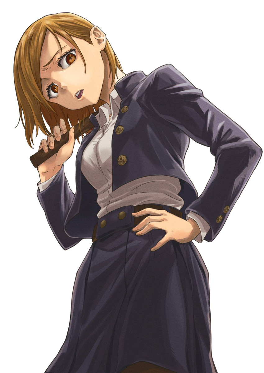 1girl brown_eyes brown_hair cowboy_shot eyelashes furrowed_brow hair_behind_ear hammer hand_on_hip highres holding holding_hammer jacket jujutsu_kaisen jujutsu_tech_uniform kondou_(artist) kugisaki_nobara open_clothes open_jacket open_mouth over_shoulder school_uniform short_hair skirt solo weapon weapon_over_shoulder