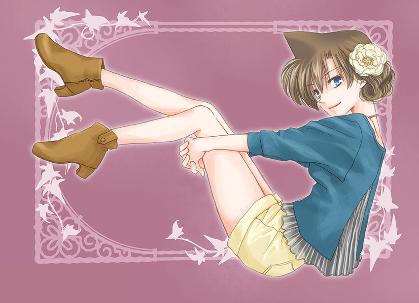 blue_eyes boots brown_hair full_body hair_up legs_up looking_at_viewer meitantei_conan mouri_ran shorts sitting solo takafujimio