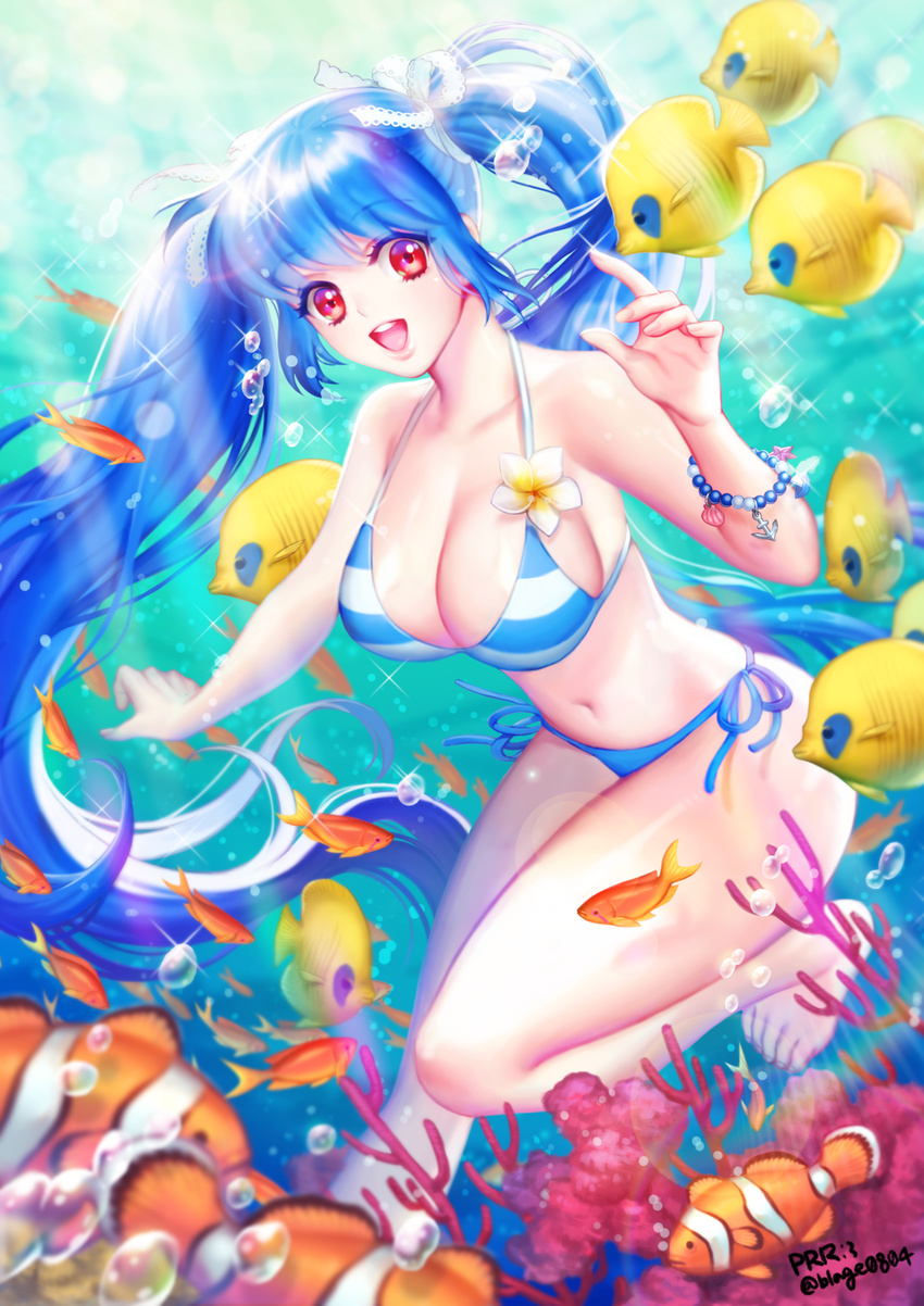 :d air_bubble barefoot bikini blue_bikini blue_hair bracelet breasts breath bubble butterflyfish cleavage clownfish coral freediving highres holding_breath jewelry large_breasts open_mouth original prrr red_eyes side-tie_bikini smile solo striped striped_bikini swimming swimsuit twitter_username underwater