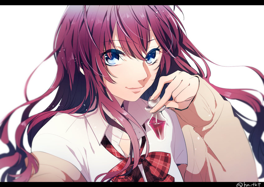 bangs blue_eyes bottle bow bowtie cardigan closed_mouth collared_shirt dress_shirt eyebrows eyebrows_visible_through_hair holding ichinose_shiki idolmaster idolmaster_cinderella_girls letterboxed long_hair long_sleeves looking_at_viewer off_shoulder perfume_bottle plaid plaid_bow plaid_neckwear purple_hair school_uniform shirt simple_background sleeves_past_wrists smile solo tokiji upper_body white_background white_shirt