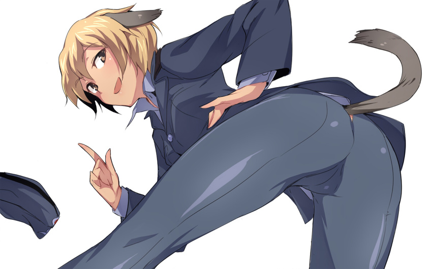 animal_ears ass back-seamed_legwear bent_over blonde_hair blush brave_witches brown_eyes em from_behind hat hat_removed headwear_removed index_finger_raised looking_back military military_uniform open_mouth pants pantyhose seamed_legwear short_hair simple_background smile solo tail uniform waltrud_krupinski white_background world_witches_series