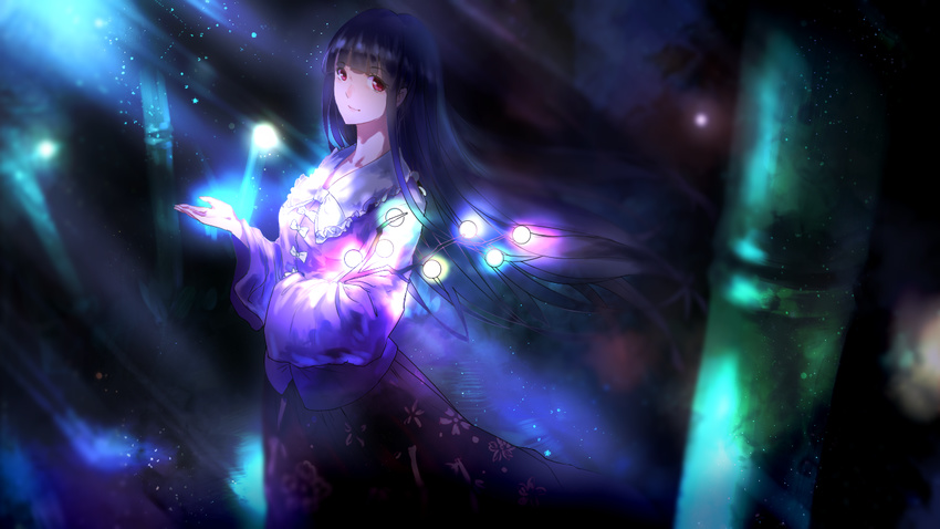 bamboo bamboo_forest black_hair branch chun_lanlanlan forest from_side glowing houraisan_kaguya jeweled_branch_of_hourai long_hair looking_at_viewer looking_to_the_side nature night red_eyes smile solo touhou upper_body