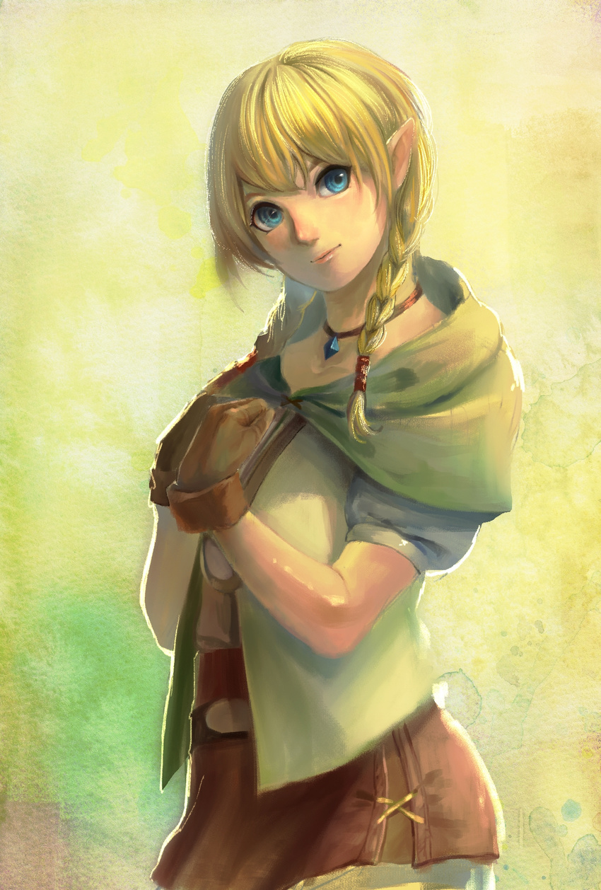 belt blonde_hair blue_eyes braid brown_gloves brown_skirt cape choker collarbone cowboy_shot gloves gradient gradient_background green_background hair_over_shoulder hands_on_own_chest head_tilt highres jewelry light_smile linkle looking_at_viewer matcho pendant pointy_ears puffy_short_sleeves puffy_sleeves short_sleeves simple_background skirt smile solo standing the_legend_of_zelda twin_braids zelda_musou