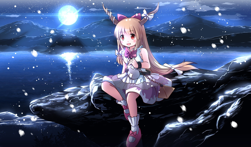 bare_arms bare_shoulders blonde_hair bow chain commentary_request cuffs full_moon gourd hair_bow highres ibuki_suika lake long_hair low-tied_long_hair moon mountain oni_horns open_mouth red_eyes reflection risutaru shackles shirt sitting skirt sky sleeveless sleeveless_shirt smile snowing solo star_(sky) starry_sky touhou very_long_hair weights winter