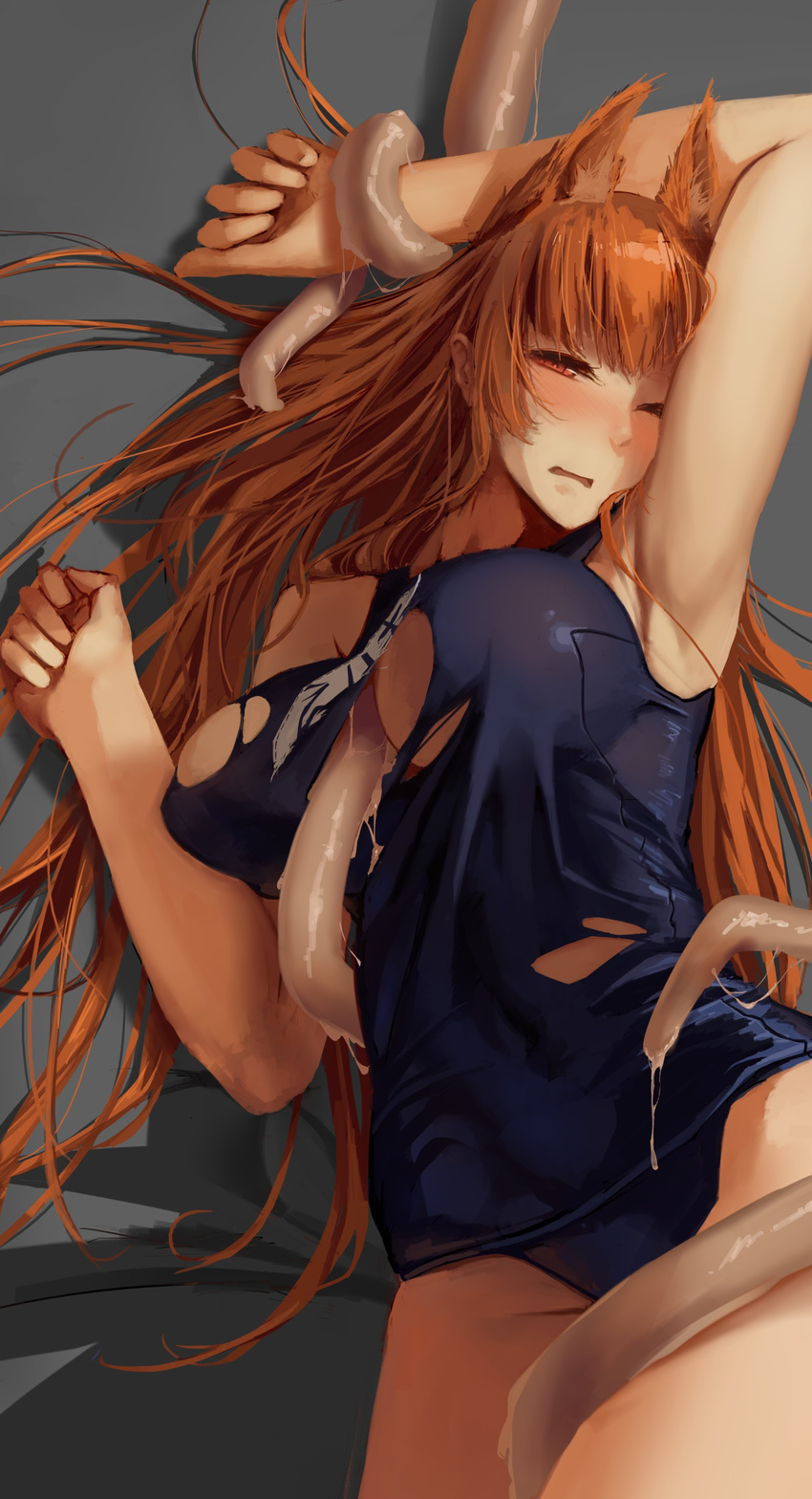 absurdres animal_ears arm_behind_head armpits asobi_ni_iku_yo! between_breasts blush breasts brown_hair cat_ears eris_(asobi_ni_iku_yo!) extra_ears highres large_breasts long_hair noccu one-piece_swimsuit red_eyes restrained school_swimsuit solo swimsuit tentacles torn_clothes wince