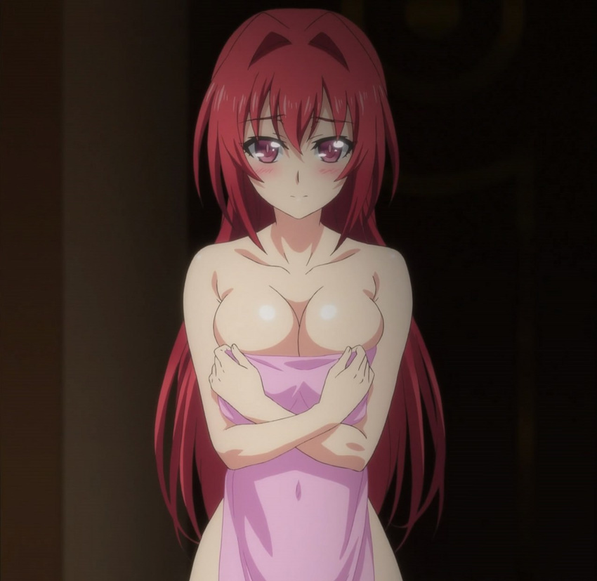 breasts cleavage highres long_hair naruse_mio red_eyes red_hair screencap shinmai_maou_no_testament solo towel