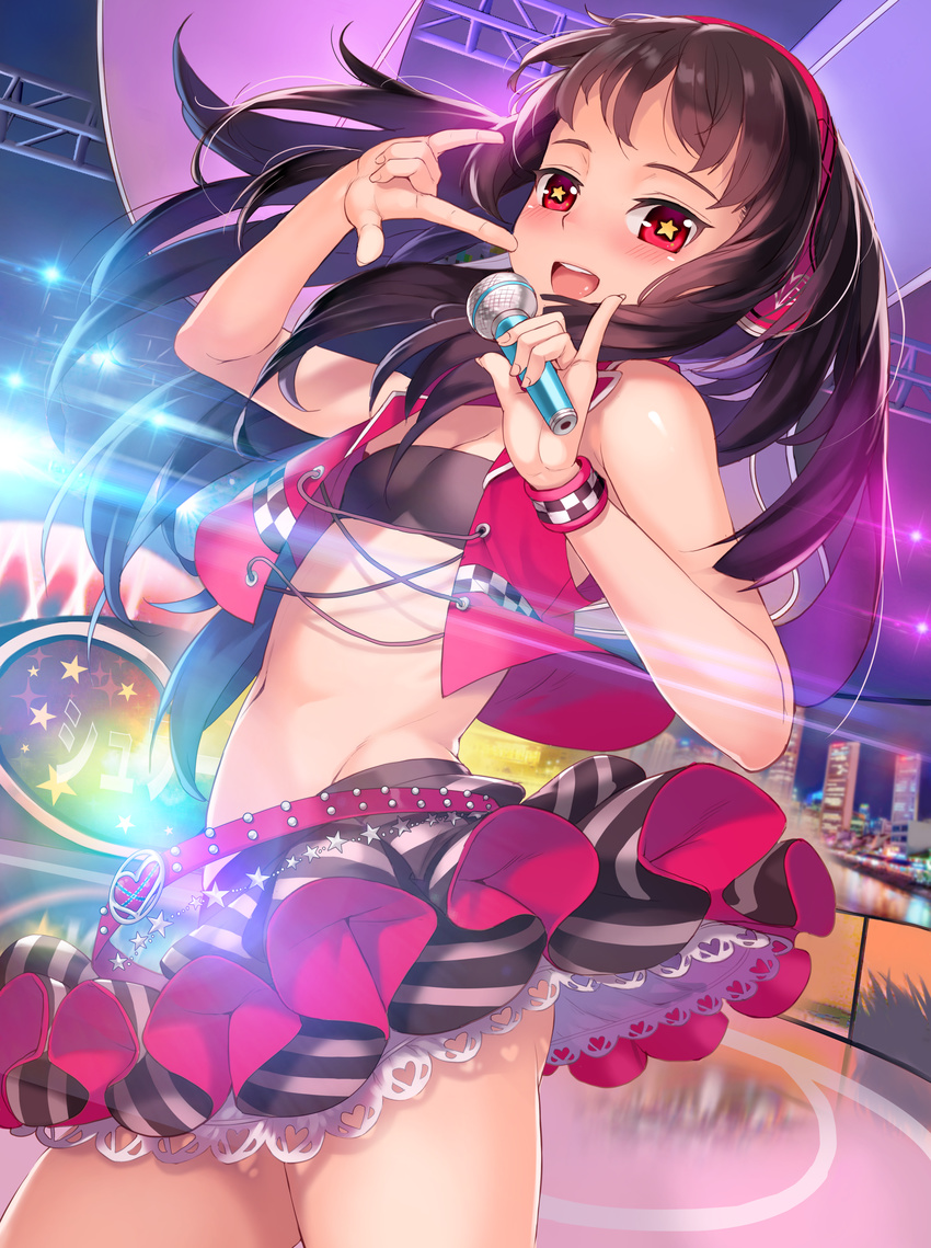 \m/ absurdres bangs banned_artist breasts brown_hair furyou_michi_~gang_road~ heart highres long_hair microphone midriff navel open_mouth pinky_out red_eyes skirt small_breasts solo star star-shaped_pupils symbol-shaped_pupils xil