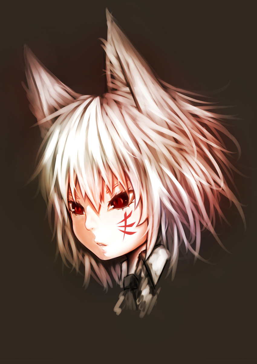 androgynous animal_ears brown_background denpa_rasaito face facial_mark highres original parted_lips red_eyes short_hair simple_background slit_pupils solo white_hair