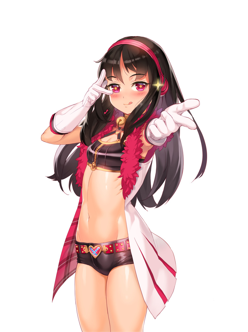 absurdres bangs banned_artist bell bell_collar black_hair blush breasts collar cowboy_shot furyou_michi_~gang_road~ gloves highres jingle_bell licking_lips long_hair looking_at_viewer midriff navel pink_eyes ribs simple_background small_breasts solo sparkle star star-shaped_pupils symbol-shaped_pupils tongue tongue_out white_background white_gloves xil
