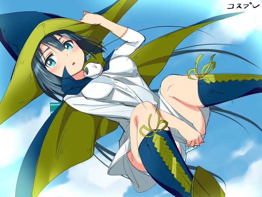 aqua_eyes blush boots cape cosplay covering covering_crotch hair_ribbon hand_on_headwear hat knee_boots maji_moji_rurumo michairu mimori_suzuko ribbon rurumo rurumo_(cosplay) seiyuu_connection sketch solo tougou_mimori witch_hat yuuki_yuuna_wa_yuusha_de_aru yuusha_de_aru