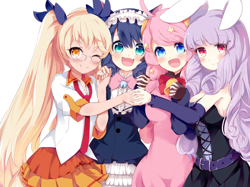 animal_ears bare_shoulders blonde_hair blue_eyes blue_hair blush breasts bunny_ears cat_ears chuchu_(show_by_rock!!) cyan_(show_by_rock!!) glasses highres holding_hands interlocked_fingers japa long_hair looking_at_viewer medium_breasts moa_(show_by_rock!!) multiple_girls one_eye_closed open_mouth pink_eyes pink_hair purple_hair retoree show_by_rock!! simple_background skirt smile star twintails very_long_hair white_background yellow_eyes