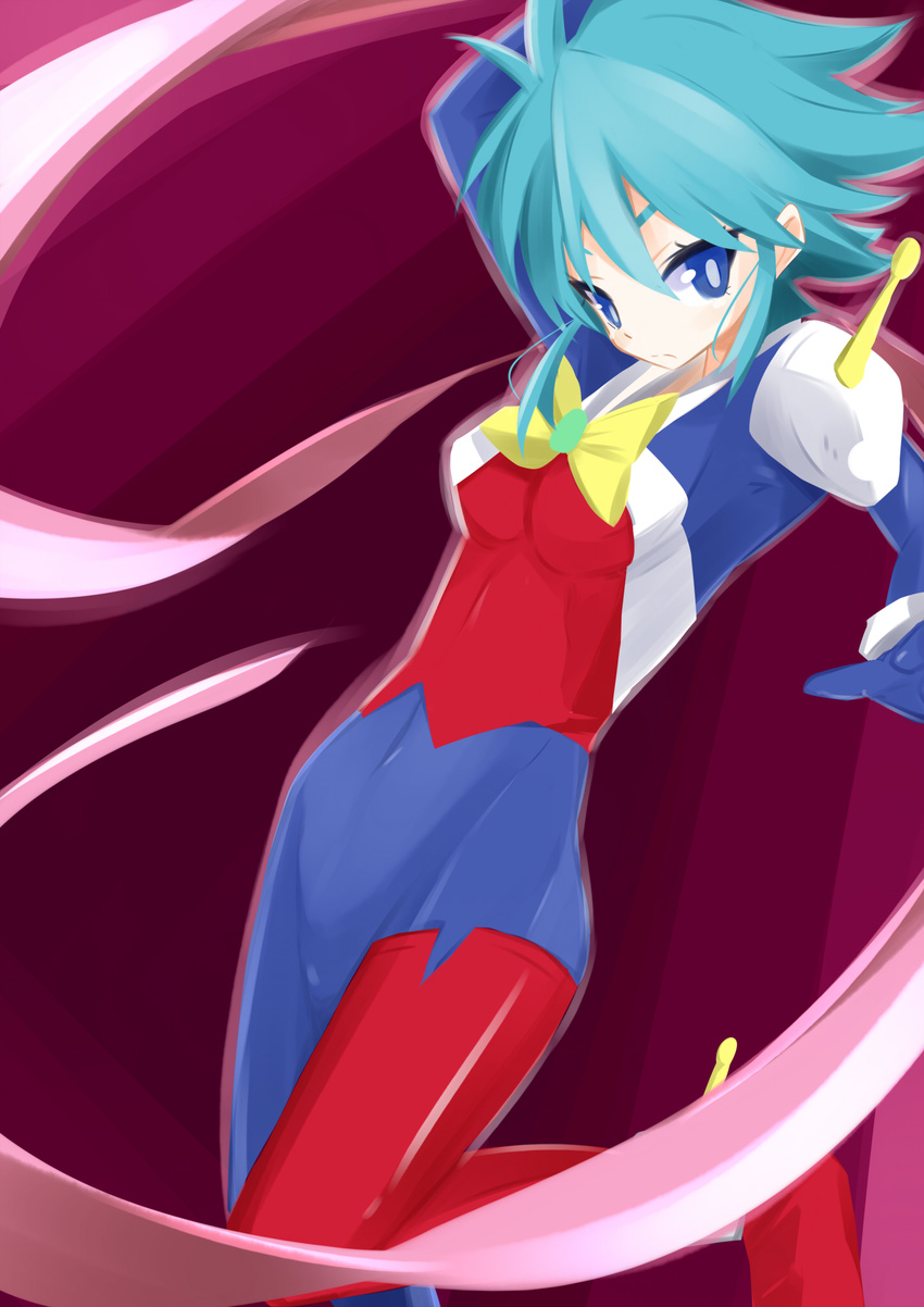 allenby_beardsley allenby_beardsley_(cosplay) blue_bodysuit blue_eyes blue_hair bodysuit bow bright_pupils cosplay dorasan expressionless g_gundam gloves gundam highres look-alike mobile_trace_suit multicolored multicolored_bodysuit multicolored_clothes nishijima_waon precure purple_background red_bodysuit ribbon short_hair solo suite_precure yellow_bow