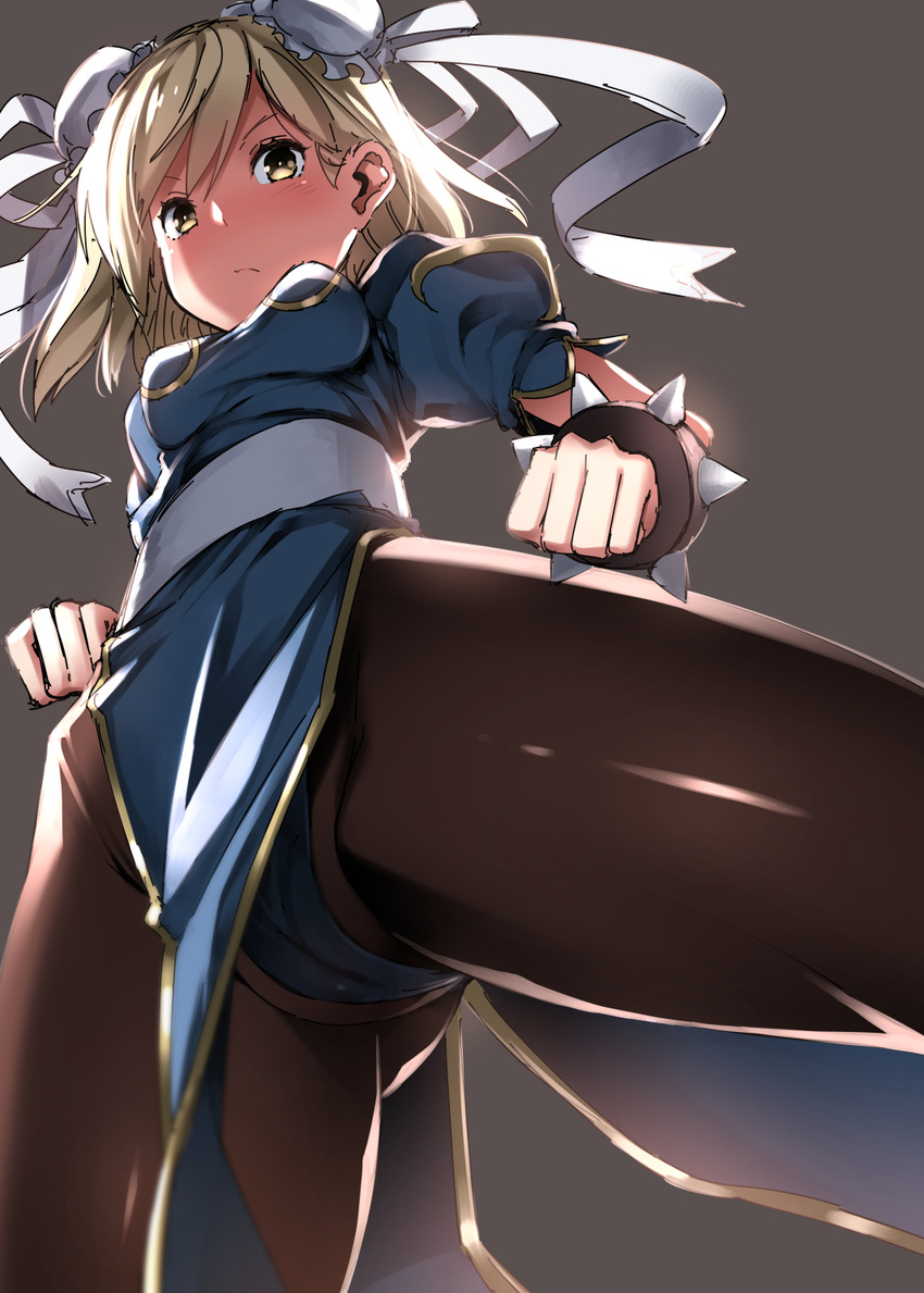 blonde_hair bracelet china_dress chinese_clothes chun-li chun-li_(cosplay) cosplay djeeta_(granblue_fantasy) double_bun dress from_below granblue_fantasy highres jewelry nenemaru pantyhose pelvic_curtain sash short_hair solo spiked_bracelet spikes street_fighter