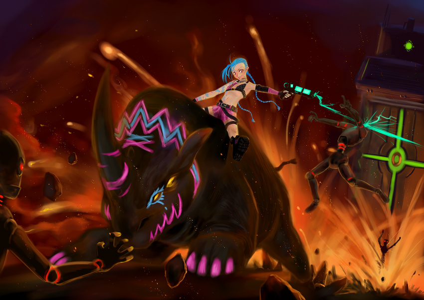 birdrawdream blue_hair braid fingerless_gloves flat_chest gloves gun jewelry jinx_(league_of_legends) league_of_legends long_hair navel necklace pink_eyes rhinoceros robot smile tattoo thighhighs twin_braids very_long_hair weapon