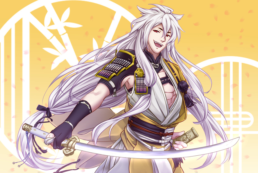 armor japanese_armor japanese_clothes katana kikuma525 kogitsunemaru long_hair low-tied_long_hair male_focus open_mouth red_eyes sheath shoulder_armor smile sode solo sword touken_ranbu very_long_hair weapon white_hair