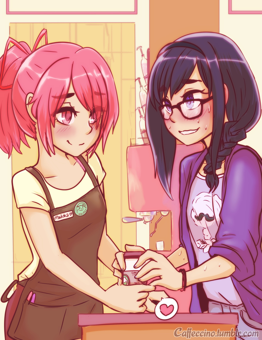 absurdres akemi_homura alternate_hair_length alternate_hairstyle anthony_(madoka_magica) apron barista bespectacled black_hair blush bracelet braid brand_name_imitation cafe caffeccino casual coffee_cup coffee_maker_(object) commentary cup disposable_cup eye_contact familiar_(madoka_magica) glasses hairband heart highres hipster jewelry kaname_madoka kyubey looking_at_another mahou_shoujo_madoka_magica md5_mismatch multiple_girls name_tag pink_eyes pink_hair ponytail purple_eyes resized shy spoken_heart starbucks sweat upscaled watermark wavy_mouth web_address yuri