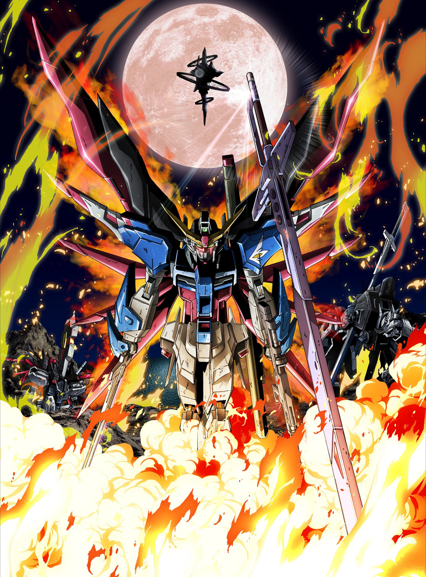 destiny_gundam fire freedom_gundam gundam gundam_seed gundam_seed_destiny highres mecha moon no_humans official_art shield strike_gundam sword weapon