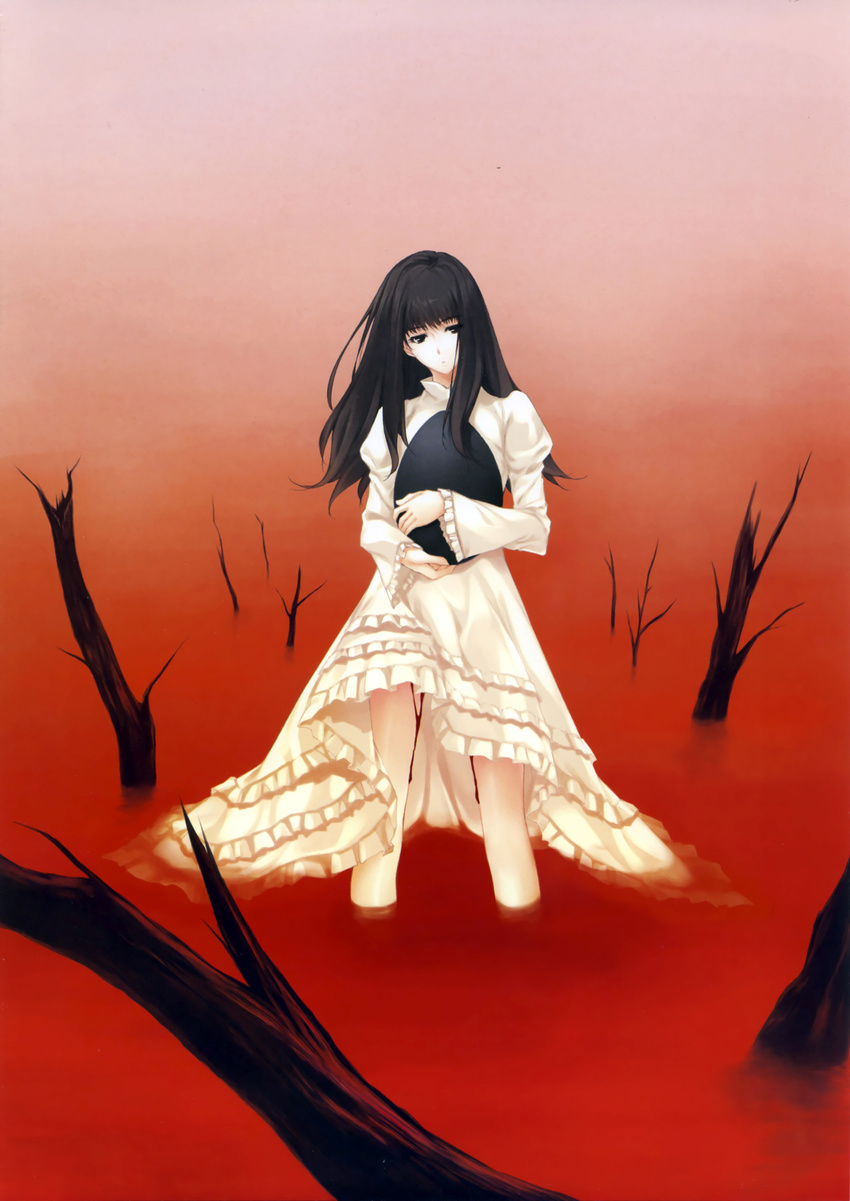 absurdres black_eyes black_hair blood highres holding kara_no_shoujo kuchiki_touko long_hair looking_at_viewer outdoors solo sugina_miki tree