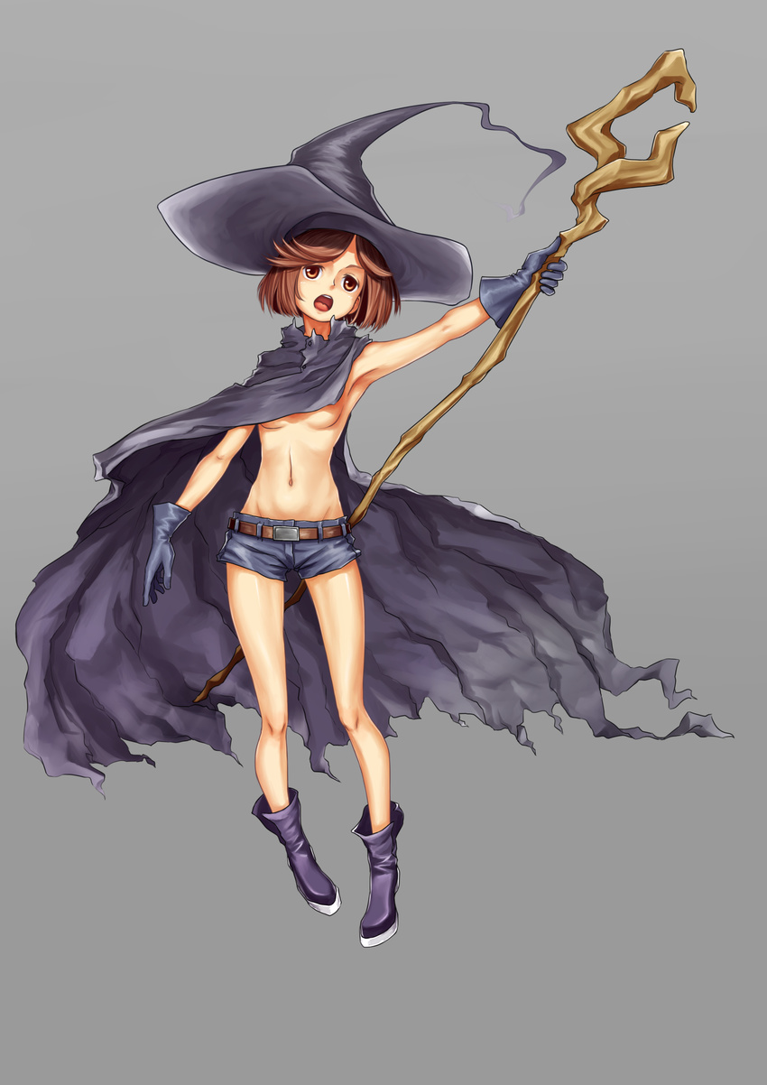 absurdres berserk boots brown_hair cape full_body gloves grey_background hat highres navel open_mouth schierke shixu_shimian short_hair short_shorts shorts solo staff topless witch witch_hat