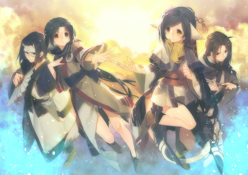 2girls ainu_clothes animal_ears cloud commentary_request eruruw fan hair_ornament haku_(utawareru_mono) hakuoro highres kuon_(utawareru_mono) long_hair low-tied_long_hair mask misti multiple_boys multiple_girls obi outstretched_arm sash short_hair tail utawareru_mono utawareru_mono:_itsuwari_no_kamen very_long_hair yellow_eyes