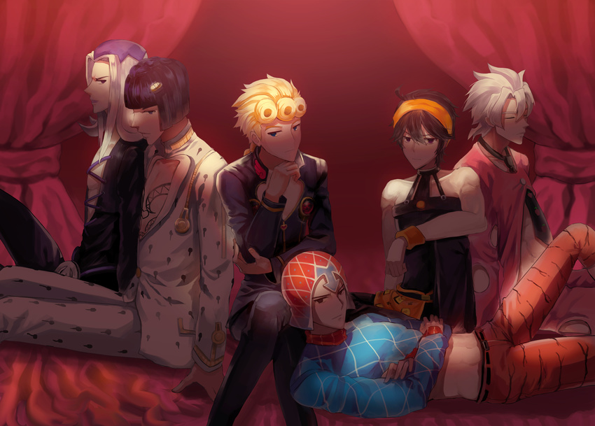 bad_id bad_pixiv_id black_hair blonde_hair bruno_buccellati couch curtains giorno_giovanna guido_mista jeruka_(otot9181) jojo_no_kimyou_na_bouken leone_abbacchio multiple_boys narancia_ghirga pannacotta_fugo white_hair