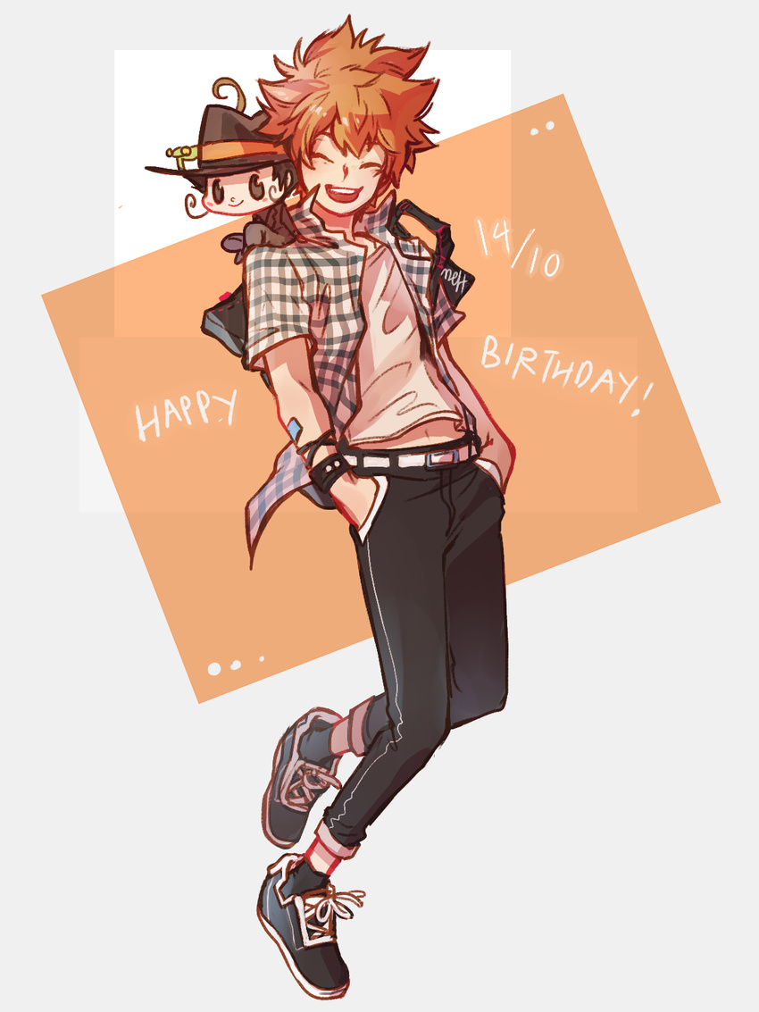 black_eyes brown_hair dated fedora full_body hands_in_pockets happy_birthday hat highres katekyo_hitman_reborn! male_focus meltesh multiple_boys open_mouth plaid plaid_shirt reborn round_teeth sawada_tsunayoshi shirt signature sitting_on_shoulder smile spiked_hair teeth