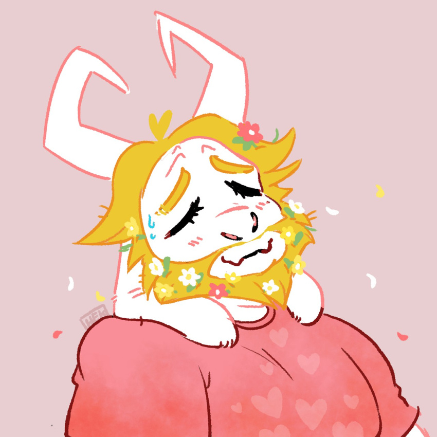 &lt;3 asgore_dreemurr beard blush caprine clothed clothing cute facial_hair flower fur goat hektious horn male mammal plant simple_background smile solo undertale video_games white_fur