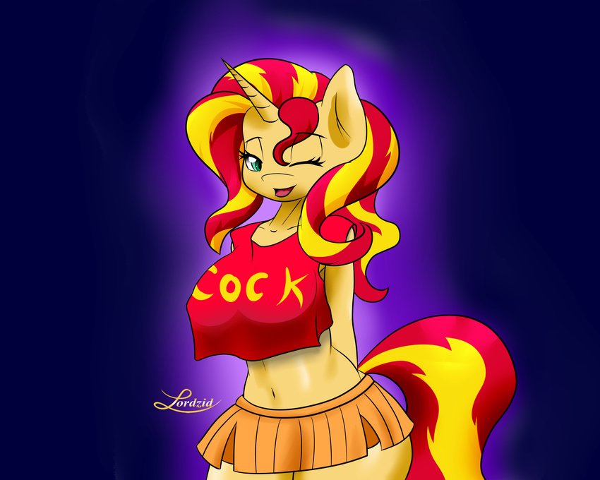 2015 anthro anthrofied clothed clothing equestria_girls equine female hair hand_behind_back hi_res horn long_hair looking_at_viewer lordzid mammal multicolored_hair my_little_pony navel one_eye_closed open_mouth skirt solo sunset_shimmer_(eg) two_tone_hair unicorn