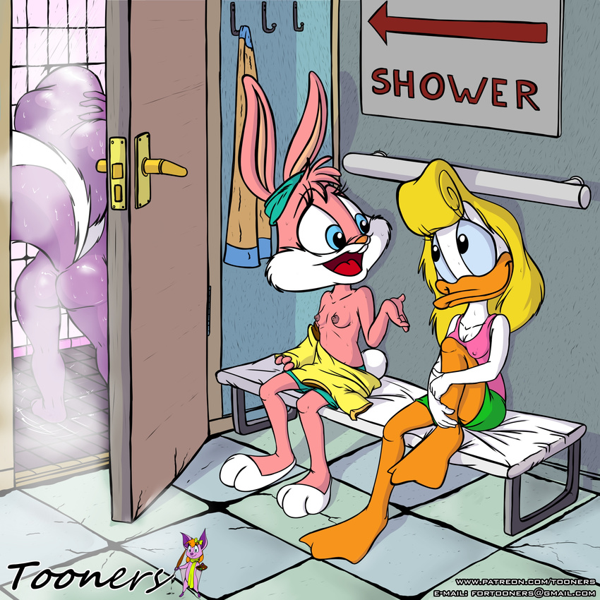 avian babs_bunny bath big_tail bird blonde_hair breasts butt cleavage clothed clothing duck female fifi_la_fume fluffy_tail fur hair half-dressed lagomorph loon mammal pink_hair rabbit raised_tail rear_view sergionekitosso shirley_the_loon shower skunk small_breasts tiny_toon_adventures tooners topless undressing warner_brothers wet