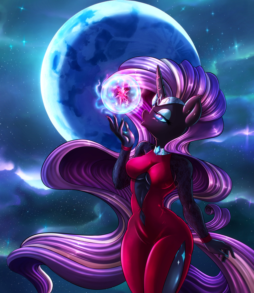 2015 absurd_res anthro anthrofied blue_eyes clothed clothing cutie_mark dress equine eyeshadow female friendship_is_magic full_moon hair half-closed_eyes hi_res horn long_hair luke262 magic makeup mammal moon my_little_pony navel nightmare_rarity_(idw) purple_hair solo unicorn