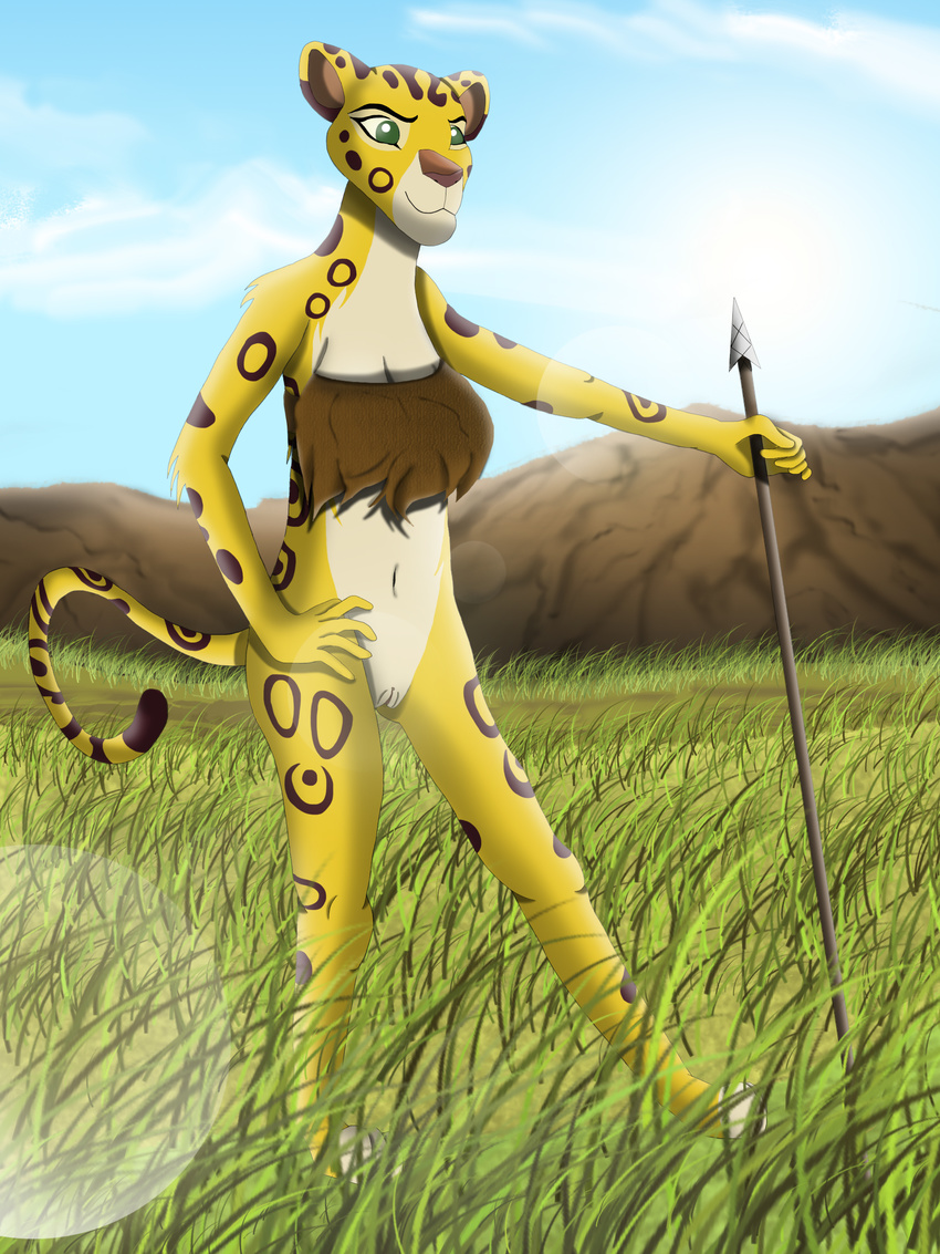 anthro bottomless clitoris clothed clothing darthmaul1999 disney feline female fuli half-dressed hunting lens_flare mammal melee_weapon polearm pussy spear the_lion_guard the_lion_king tribal weapon