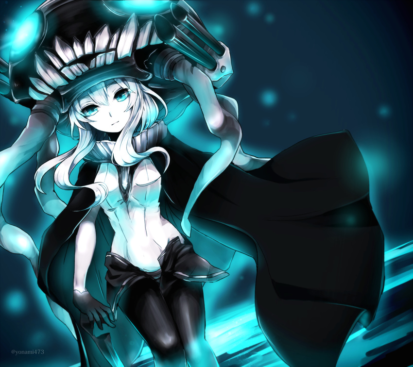 absurdres blue_eyes bodysuit cape chizuru_(ambient) dutch_angle expressionless glowing glowing_eyes headgear highres kantai_collection shinkaisei-kan solo tentacles white_hair wo-class_aircraft_carrier