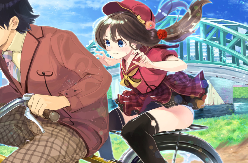 1girl bicycle black_hair black_legwear blazer blue_eyes blue_sky blush bow bridge brown_hair buttons cloud day flower furukawa_itsuse grass ground_vehicle hair_between_eyes hair_flower hair_ornament hat head_out_of_frame heart_cutout hetero jacket long_hair long_sleeves looking_at_another low_twintails multiple_riders nail_polish necktie nervous original outdoors panties pants pantyshot pantyshot_(sitting) plaid plaid_pants plaid_skirt red_footwear ribbon riding riverbank sailor_collar school_uniform shirt shoes short_sleeves sitting skirt sky suspender_skirt suspenders sweatdrop thighhighs twintails underwear upskirt water white_panties window yellow_bow yellow_ribbon yellow_shirt