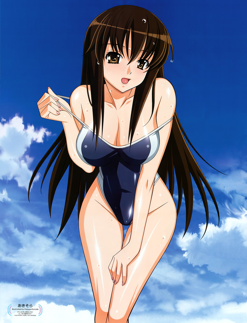 absurdres aki_sora aoi_aki bare_shoulders breasts brown_eyes brown_hair cleavage highres kuroda_kazuya large_breasts leaning_forward long_hair one-piece_swimsuit open_mouth solo strap_lift strap_slip swimsuit wet