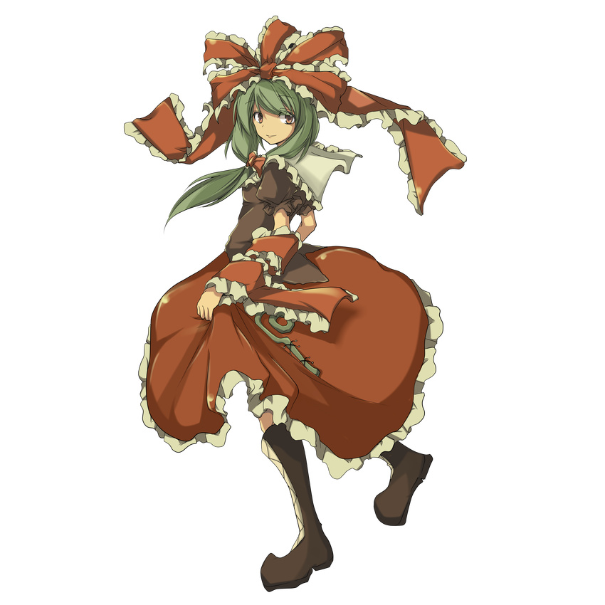 absurdres boots bow dress front_ponytail full_body green_hair hair_bow hair_ribbon highres kagiyama_hina mukuroi ribbon solo touhou transparent_background