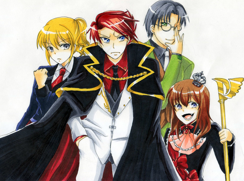 2girls bad_id bad_pixiv_id black_hair blonde_hair blue_eyes bow bowtie brown_hair cape formal glasses green_eyes grey_eyes highres multiple_boys multiple_girls necktie ponytail red_hair shimatamago staff suit umineko_no_naku_koro_ni ushiromiya_battler ushiromiya_george ushiromiya_jessica ushiromiya_maria