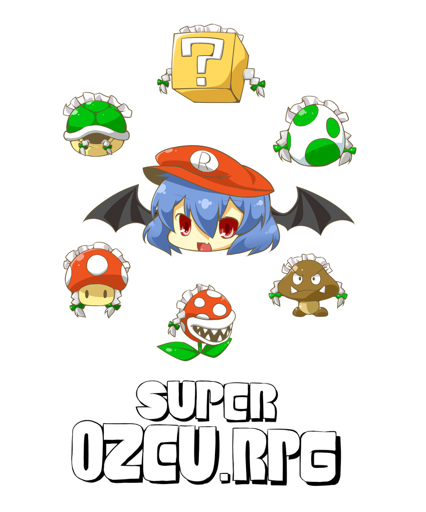 absurdres bad_id bad_pixiv_id bat_wings braid chibi cosplay egg eiri_(eirri) goomba hat highres izayoi_sakuya mario mario_(cosplay) mario_(series) mushroom no_humans parody piranha_plant red_eyes remilia_scarlet short_hair super_mario_bros. super_mushroom touhou twin_braids wings yoshi_egg yukkuri_shiteitte_ne