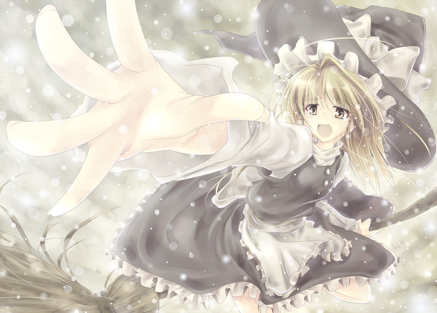 apron bad_id bad_pixiv_id blonde_hair bow broom dress fingernails flying foreshortening hair_bow hands hat hat_ribbon itsutsuki kirisame_marisa knees legs long_hair long_sleeves open_mouth outstretched_arm outstretched_hand reaching ribbon sad sepia_background solo tears touhou turtleneck white witch_hat yellow_eyes