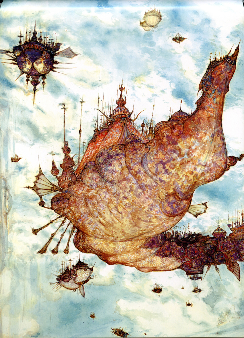 aircraft airship amano_yoshitaka final_fantasy final_fantasy_ix flying highres no_humans non-web_source official_art scan sky