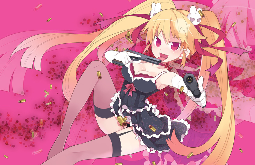 arched_back armpits blonde_hair bow breasts bullet bunny cartridge choker cleavage dress dual_wielding elbow_gloves fang garter_straps gloves gun hair_ornament hair_ribbon handgun haruse_hiroki holding kazuha_(love_rob_stockholm) large_breasts licking long_hair love_rob_stockholm panties pink_eyes pistol ribbon shell_casing smile solo thighhighs tongue transparent trigger_discipline twintails underwear very_long_hair weapon