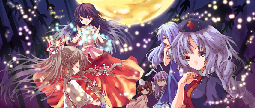 animal_ears bad_id bad_pixiv_id bamboo bamboo_forest bunny_ears danmaku everyone forest fujiwara_no_mokou houraisan_kaguya inaba_tewi kamishirasawa_keine miya_(tsumazukanai) moon multiple_girls nature night reisen_udongein_inaba touhou yagokoro_eirin