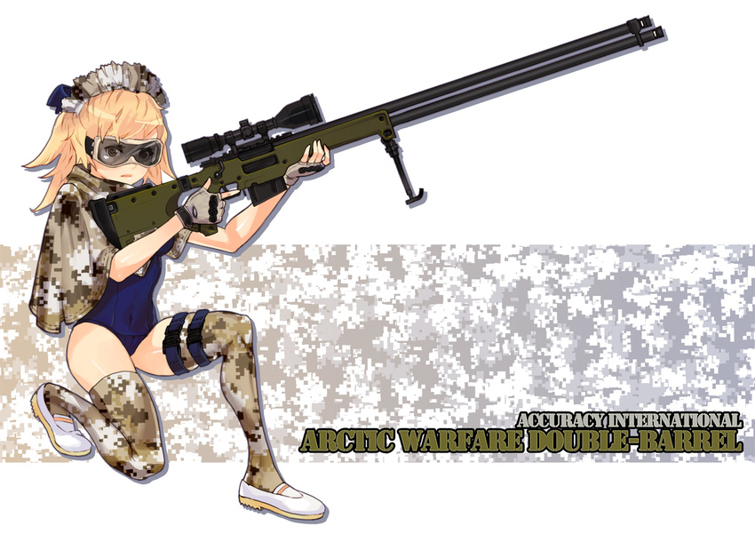 ai_arctic_warfare blonde_hair bolt_action brown_eyes fingerless_gloves gloves goggles gun legs lips military_operator natsuhara original rifle snap-fit_buckle sniper_rifle solo thighhighs trigger_discipline weapon